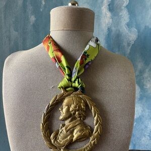 Vintage-Inspired Gold Medallion Necklace with Floral Scarf